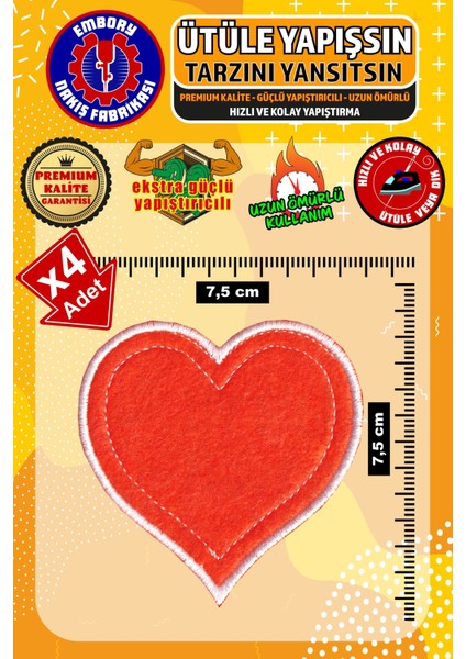 Ütü ile Yapışan Arma Yama, Turuncu Kalp (4 Adet) Ütüyle Yapışan Nakış Dokuma Aplike Patch