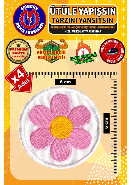 Ütü ile Yapışan Arma Yama, Pembe Çiçek (4 Adet) Ütüyle Yapışan Nakış Dokuma Aplike Patch