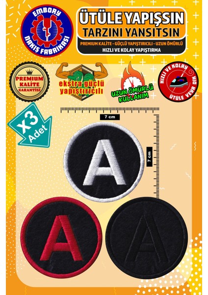 Ütü ile Yapışan Arma Yama, A Harf (3 Adet) Ütüyle Yapışan Nakış Dokuma Aplike Patch