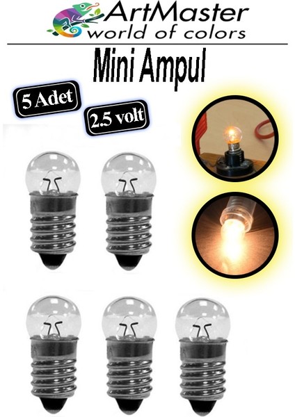 Mini Ampul 2.5 Volt 5 Adet Okul Sınıf Elektrik Devre Küçük Elektrik Deney Ampulü 2.5 Volt Deney Ampulü Küçük Boy