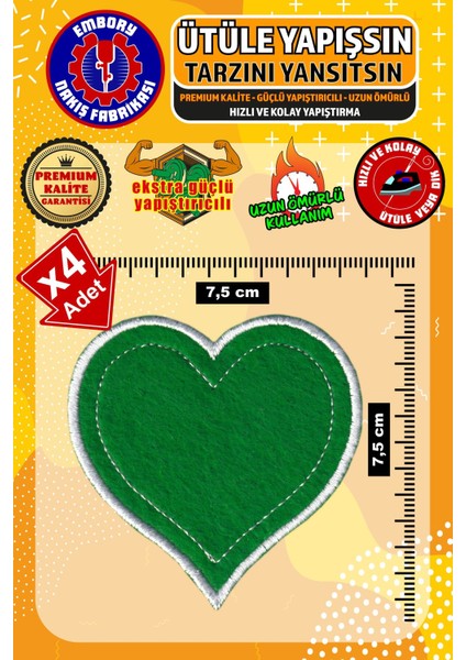 Ütü ile Yapışan Arma Yama, Yeşil Kalp (4 Adet) Ütüyle Yapışan Nakış Dokuma Aplike Patch