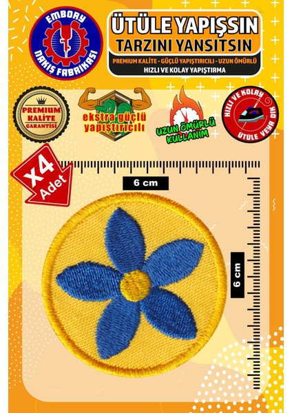 Ütü ile Yapışan Arma Yama, Sarı Çiçek (4 Adet) Ütüyle Yapışan Nakış Dokuma Aplike Patch