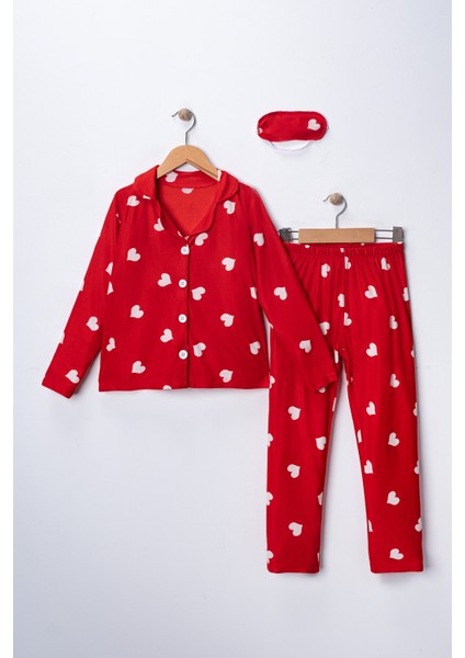 Kız Çocuk Kırmızı Süet Kalp Desenli Pijama Takımı - Uyku Bandı Hediyeli indirimleri