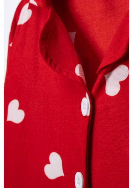 Kız Çocuk Kırmızı Süet Kalp Desenli Pijama Takımı - Uyku Bandı Hediyeli