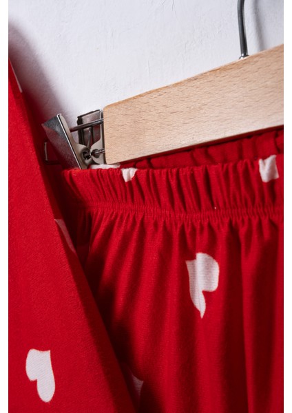 Kız Çocuk Kırmızı Süet Kalp Desenli Pijama Takımı - Uyku Bandı Hediyeli