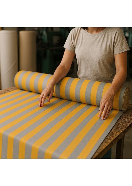 Bağcıklı Halkalı Kornişli Sarı-Gri Balkon Perdesi Gölgelik Branda