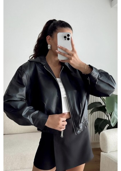 Premium Pb Oversize Bomber Belden Lastikli Deri Ceket Siyah
