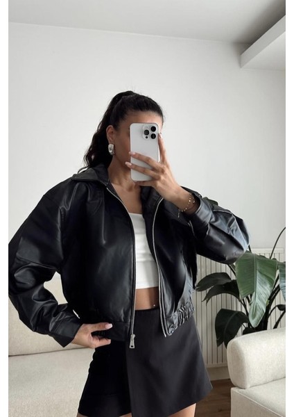 Premium Pb Oversize Bomber Belden Lastikli Deri Ceket Siyah modelleri