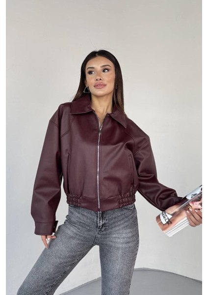 Premium Zr Oversiz Bomber Belden Lastikli Deri Ceket Bordo
