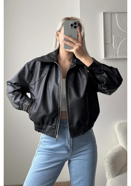 Premium Zr Oversiz Bomber Belden Lastikli Deri Ceket Siyah