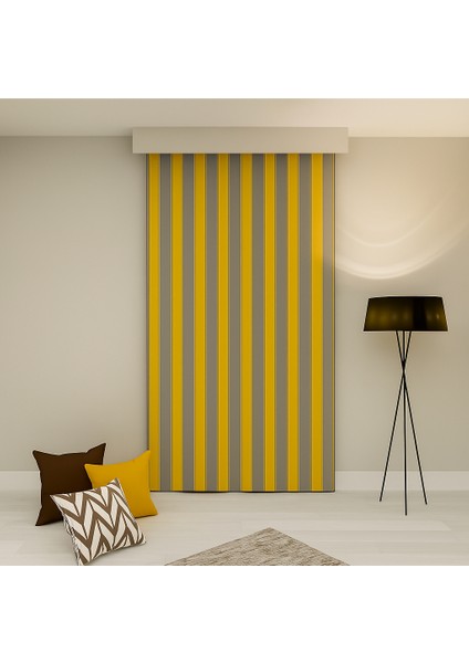 Bağcıklı Halkalı Kornişli Sarı-Gri Balkon Perdesi Gölgelik Branda