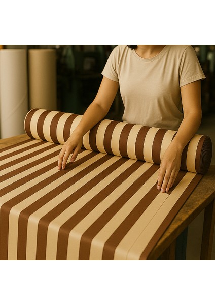 Bağcıklı Halkalı Kornişli Kahve-Krem Balkon Perdesi Gölgelik Branda