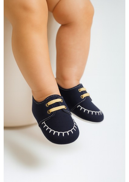Lacivert Süet Görünümlü Bağcıklı Bebek Ayakkabı