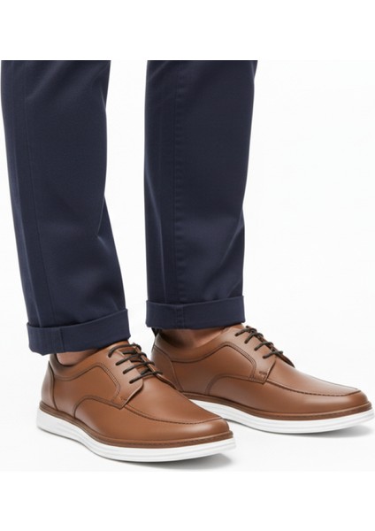 GR0429 Hakiki Deri Bağcıklı Taba Renk Beyaz Eva Taban Spor Klasik Ayakkabı