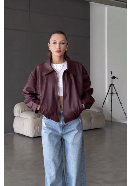 Belize Oversize Bomber Belden Lastikli Deri Ceket Bordo
