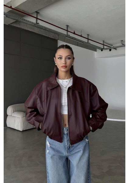 Belize Oversize Bomber Belden Lastikli Deri Ceket Bordo fiyatları