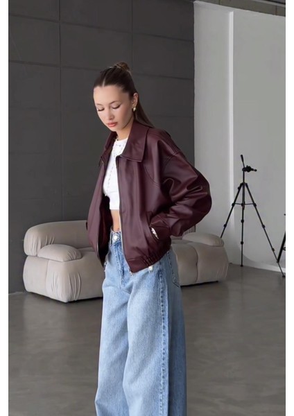 Belize Oversize Bomber Belden Lastikli Deri Ceket Bordo modelleri