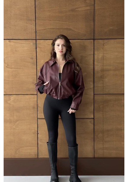 London Oversize Bomber Belden Lastikli Deri Ceket Bordo modelleri