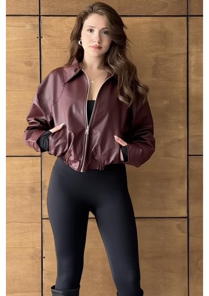 London Oversize Bomber Belden Lastikli Deri Ceket Bordo fırsatları