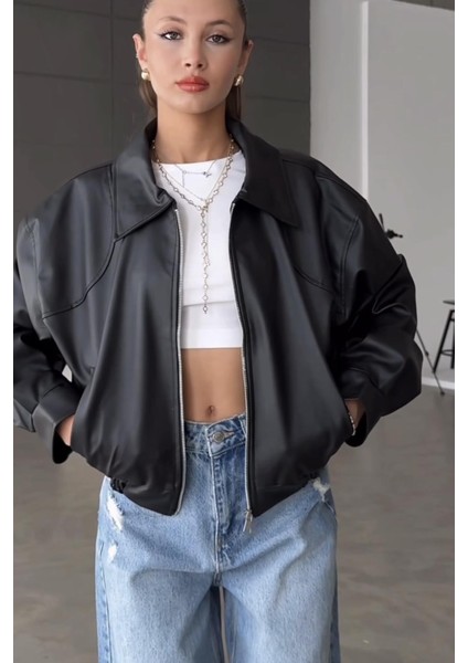 Belize Oversize Bomber Belden Lastikli Deri Ceket Siyah