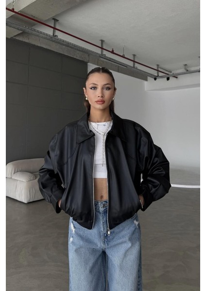 Belize Oversize Bomber Belden Lastikli Deri Ceket Siyah fiyatları