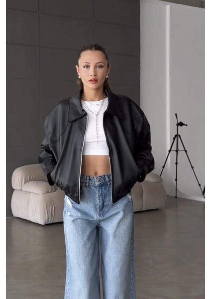 Belize Oversize Bomber Belden Lastikli Deri Ceket Siyah modelleri