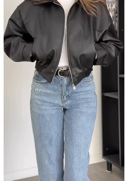 London Oversize Bomber Belden Lastikli Deri Ceket Siyah