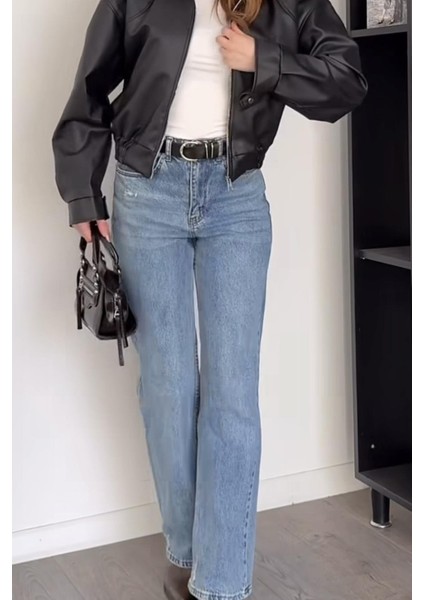 London Oversize Bomber Belden Lastikli Deri Ceket Siyah fiyatları