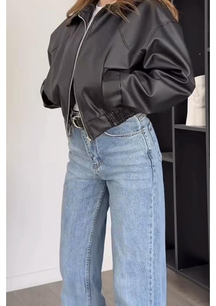 London Oversize Bomber Belden Lastikli Deri Ceket Siyah modelleri