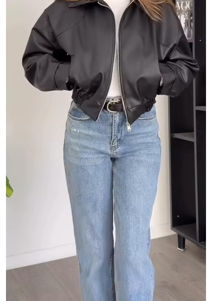 London Oversize Bomber Belden Lastikli Deri Ceket Siyah fırsatları