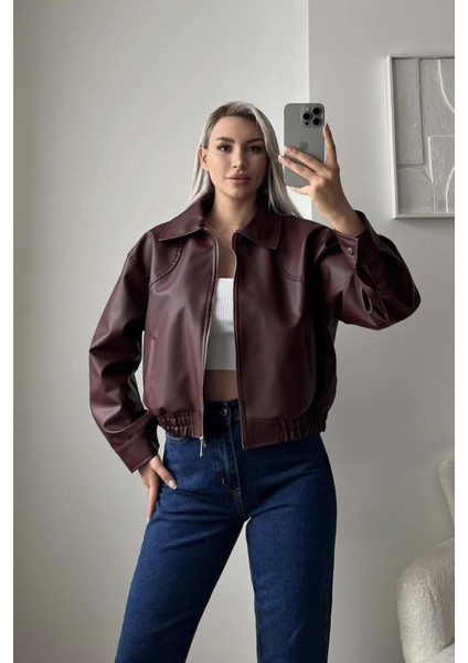 Milano Oversize Bomber Deri Ceket Bordo modelleri