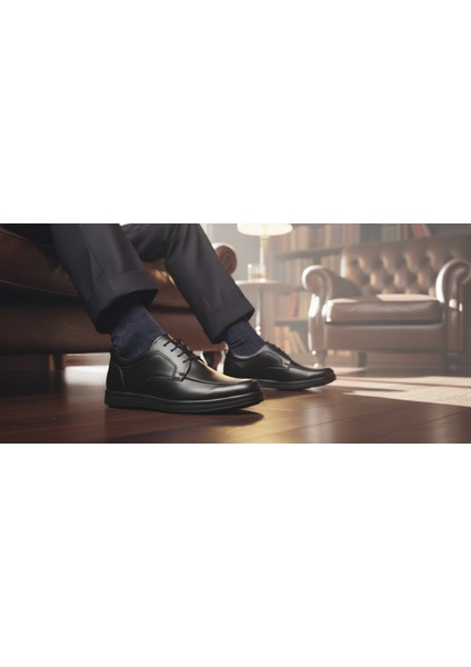 GR0435 Hakiki Deri Bağcıklı Siyah Düz Eva Taban Dikiş Detaylı Spor Klasik Ayakkabı