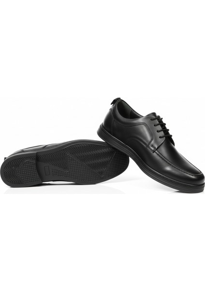 GR0435 Hakiki Deri Bağcıklı Siyah Düz Eva Taban Dikiş Detaylı Spor Klasik Ayakkabı