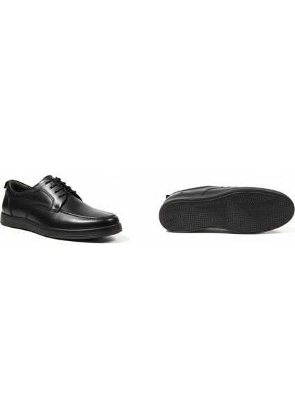 GR0435 Hakiki Deri Bağcıklı Siyah Düz Eva Taban Dikiş Detaylı Spor Klasik Ayakkabı