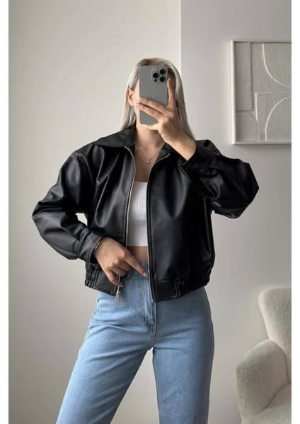 Milano Oversize Bomber Deri Ceket Siyah