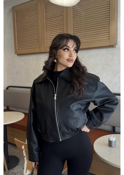 Paris Oversize Bomber Deri Ceket Siyah modelleri