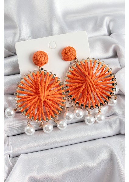 Turuncu Hasır Örgü Sarmal Model Sallantılı İnci Detaylı Gold Renk Kadın Küpe - TJ-BKP10695