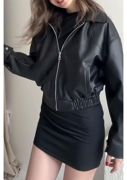Premium Ibiza Oversiz Bomber Deri Ceket Siyah