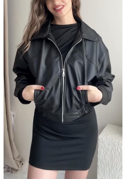 Premium Ibiza Oversiz Bomber Deri Ceket Siyah modelleri