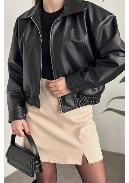 Yeni Sezon Oversiz Belden Lastikli Bomber Deri Ceket Siyah