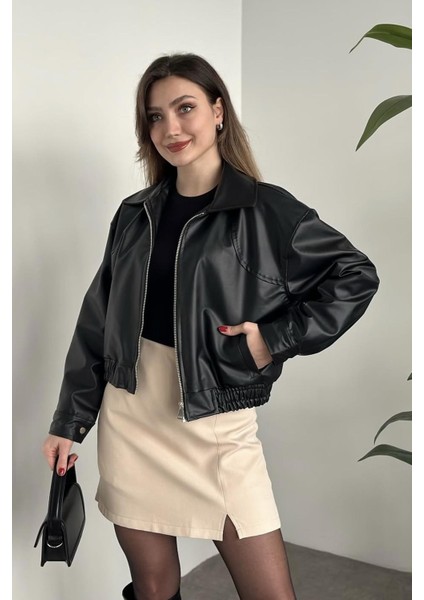 Yeni Sezon Oversiz Belden Lastikli Bomber Deri Ceket Siyah fiyatları