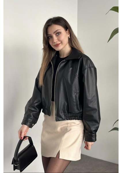 Yeni Sezon Oversiz Belden Lastikli Bomber Deri Ceket Siyah modelleri