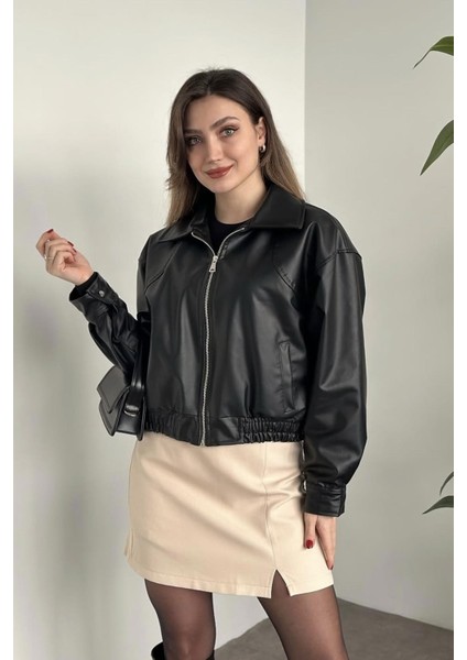 Yeni Sezon Oversiz Belden Lastikli Bomber Deri Ceket Siyah fırsatları