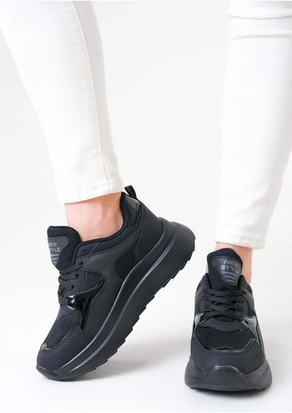 NZS Premium Triko Detaylı Bağcıklı Kadın Siyah Sneaker