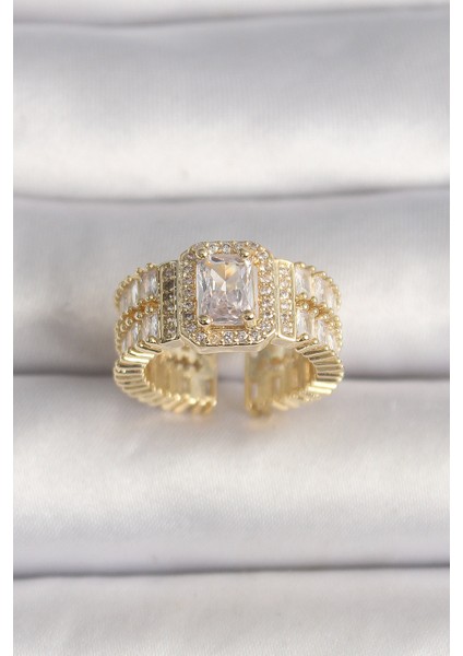 Pirinç Gold Renk Ayarlanabilir Baget Zirkon Taş Model Kadın Yüzük - TJ-BYK3589