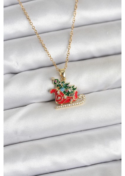 316L Çelik Zincir Gold Renk Kızak ve Çam Ağacı Figürlü Yılbaşı Temalı Kadın Kolye
