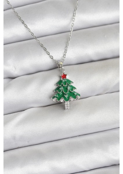 Bfs 316L Çelik Zincir Gümüş Renk Çam Ağacı Model Yılbaşı Temalı Kadın Kolye