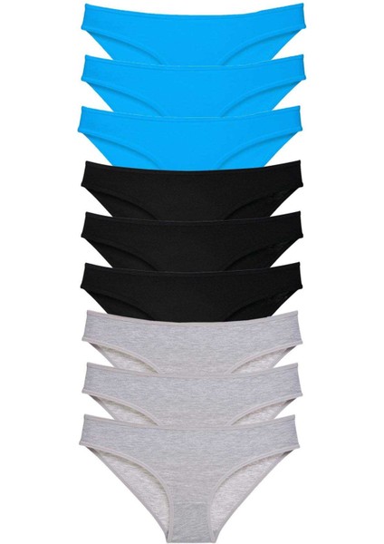 9 Adet Süper Eko Set Likralı Kadın Slip Külot Siyah Gri Mavi