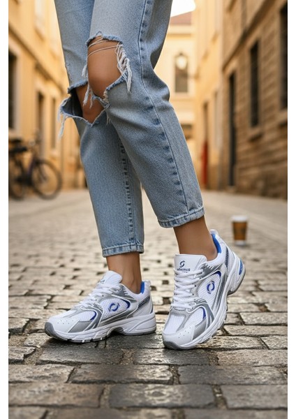 ULTRAONE Bağcıklı Ortopedik Unisex Kadın Spor Yürüyüş Ayakkabı - Beyaz Mavi