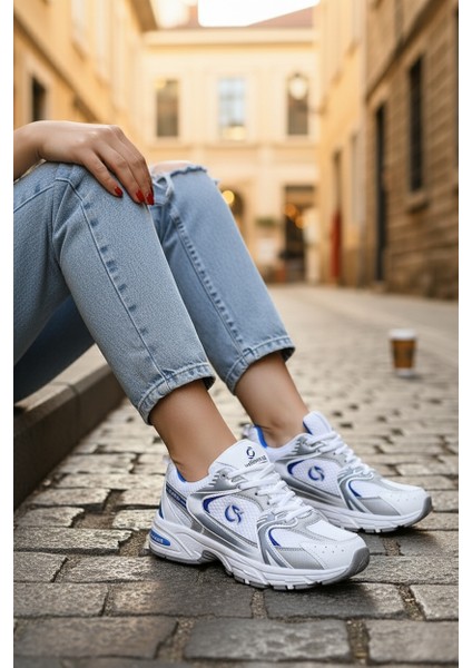 ULTRAONE Bağcıklı Ortopedik Unisex Kadın Spor Yürüyüş Ayakkabı - Beyaz Mavi